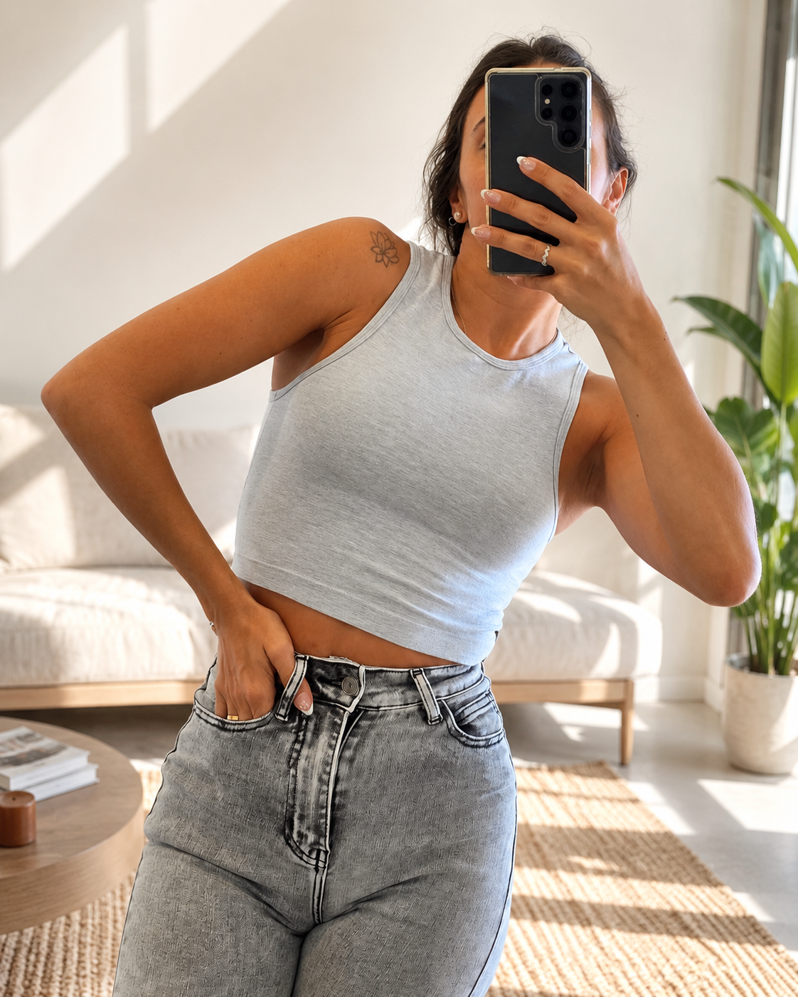 Gaia Grey High-Neck Crop Tank Top