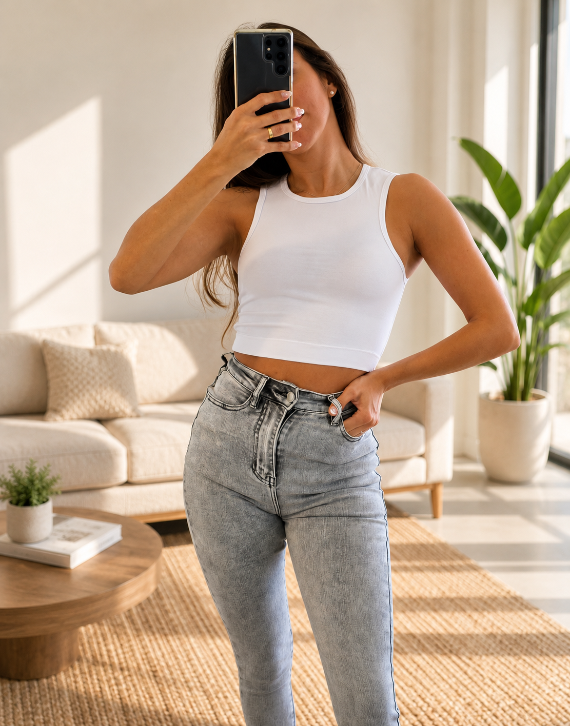 Gaia White High-Neck Crop Tank Top