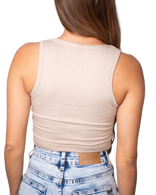 Gaia Beige High-Neck Crop Tank Top
