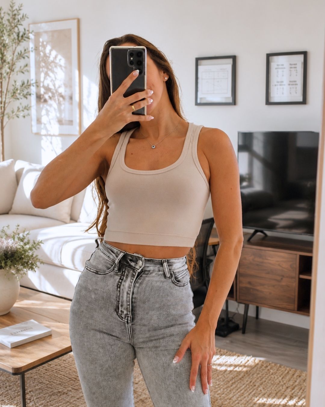 Selene Beige Square-Neck Crop Tank Top