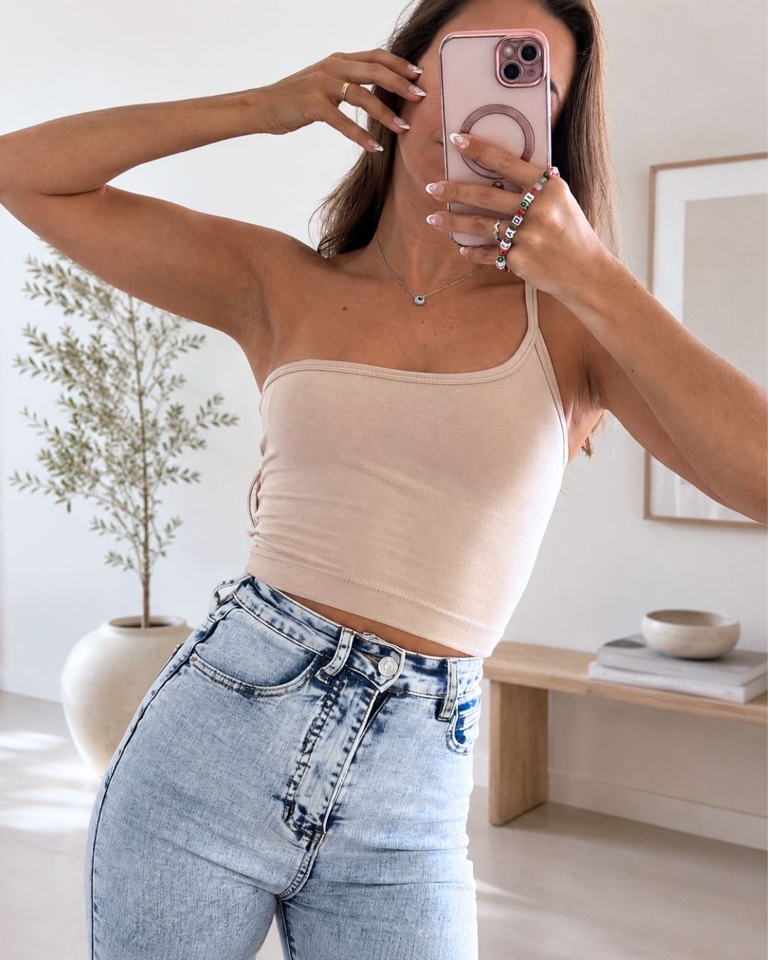 Lily Beige One-Shoulder Crop Tank Top