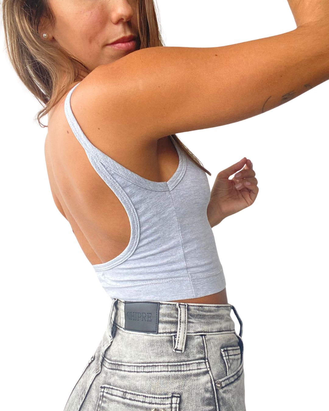 Hebe Grey Backless Crop Tank Top - Chipre Basic Denim