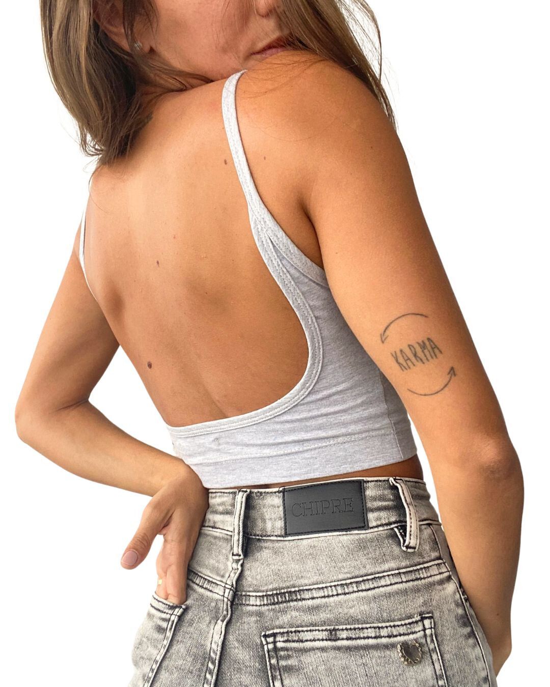 Hebe Grey Backless Crop Tank Top - Chipre Basic Denim