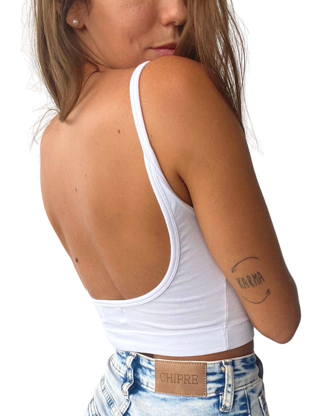 Hebe White Backless Crop Tank Top - Chipre Basic Denim