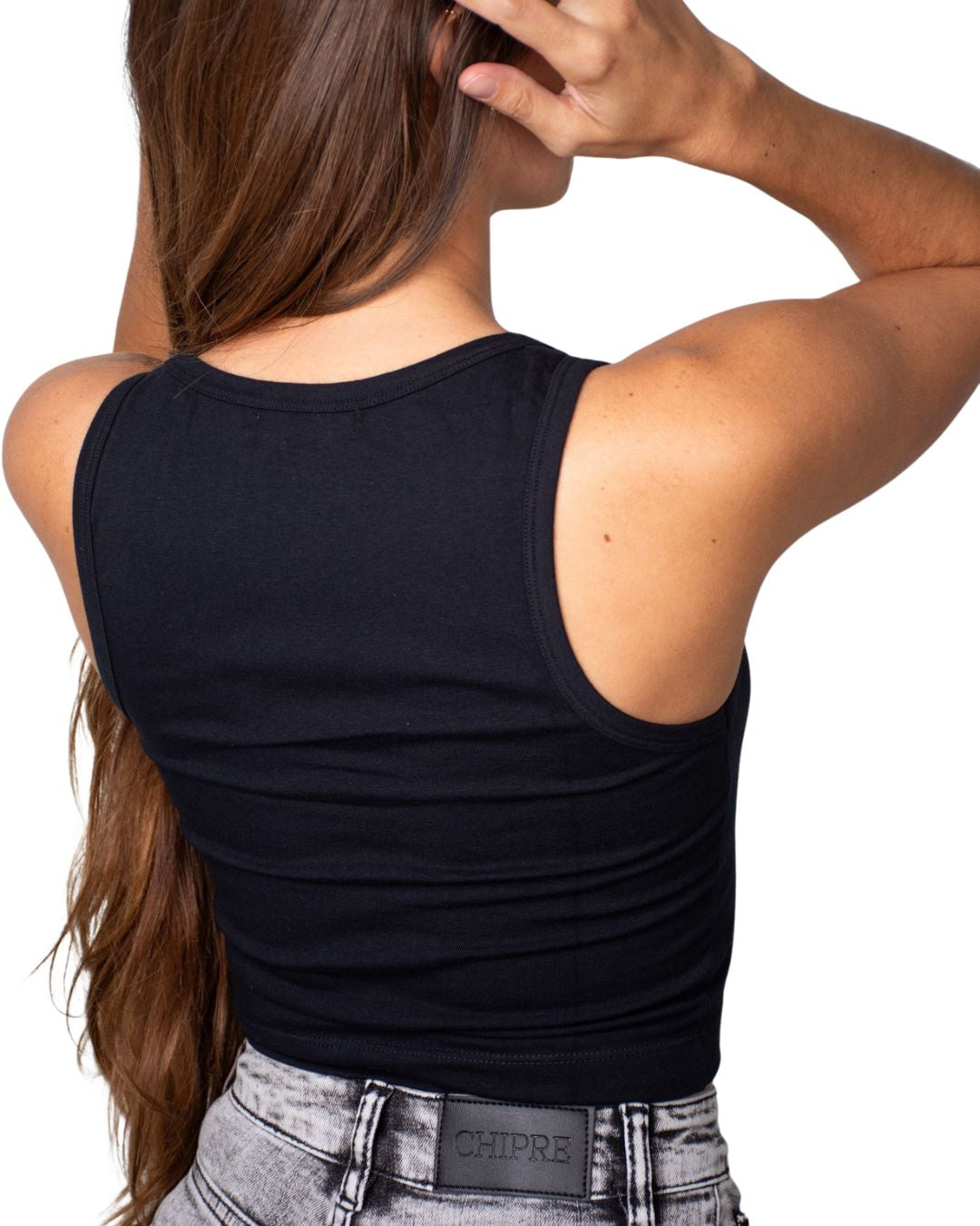 Selene Black Square-Neck Crop Tank Top