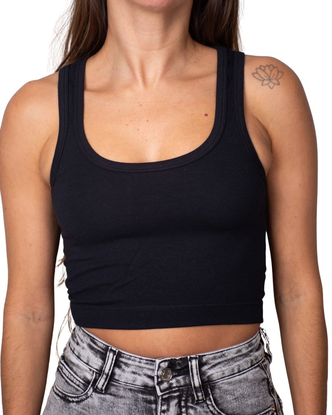 Selene Black Square-Neck Crop Tank Top