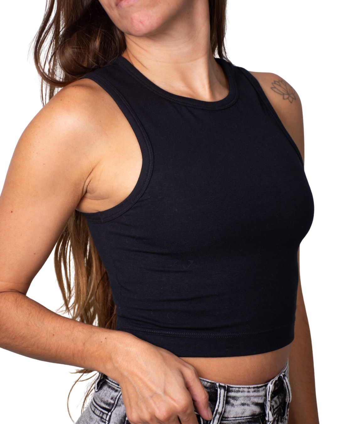 Gaia Black High-Neck Crop Tank Top