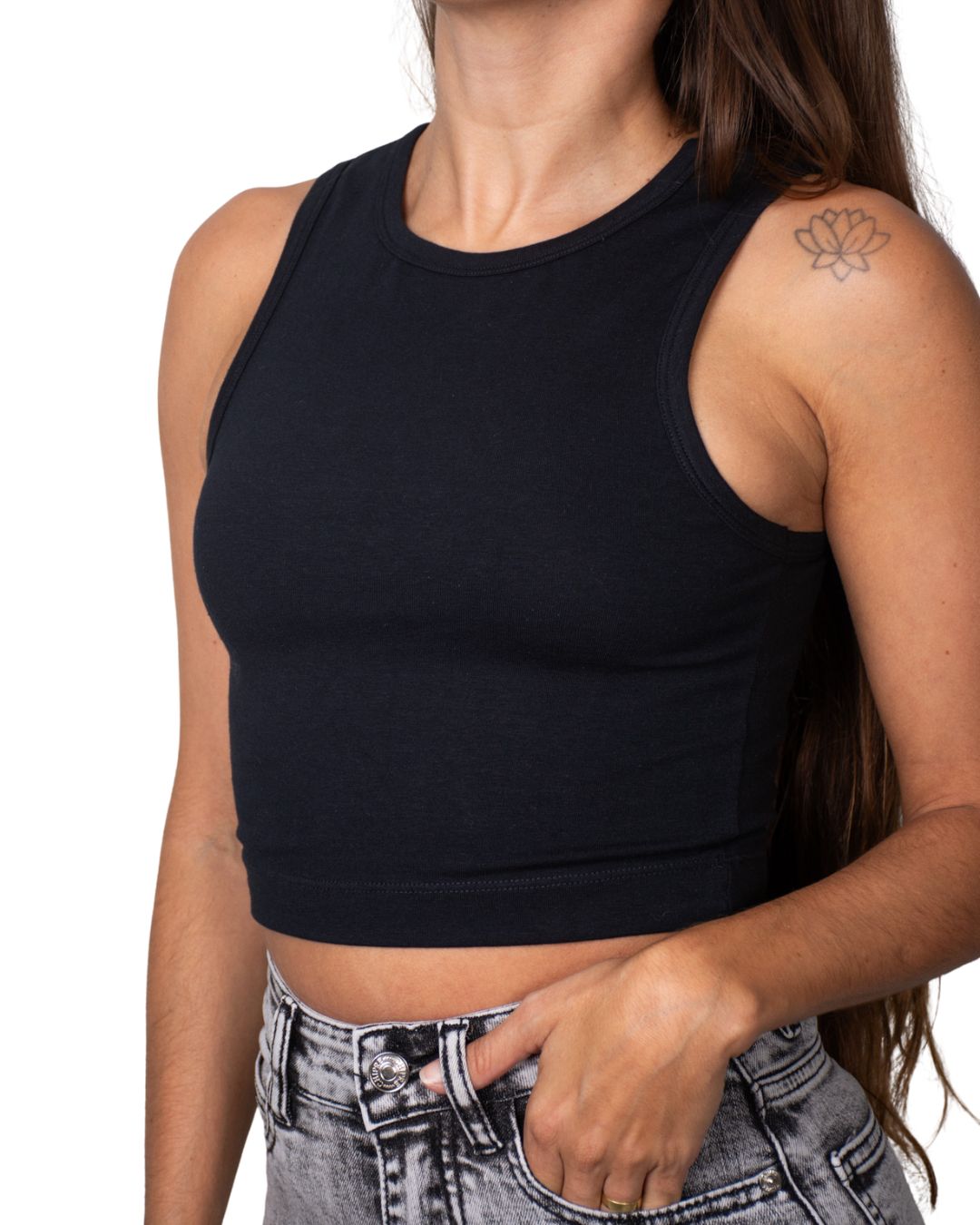 Gaia Black High-Neck Crop Tank Top