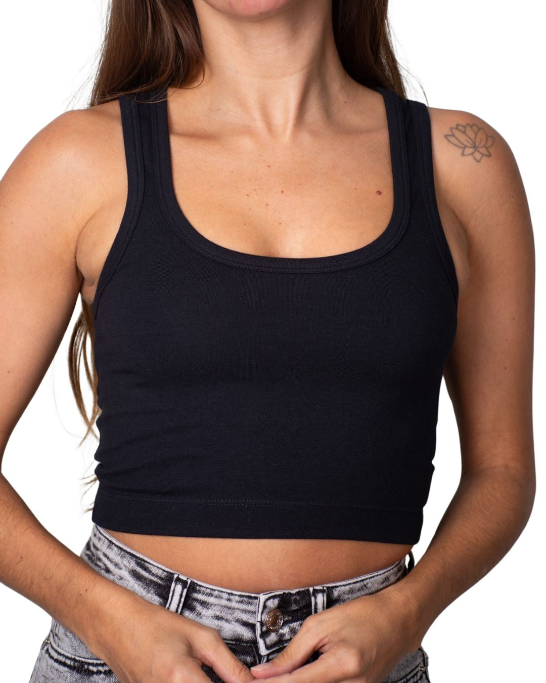 Selene Black Square-Neck Crop Tank Top