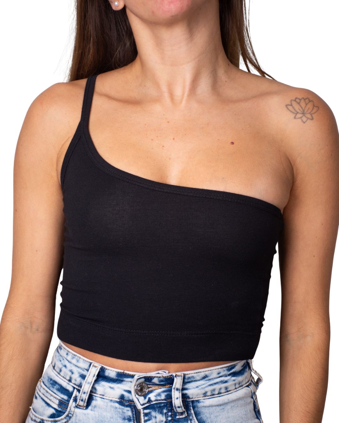 Lily Black One-Shoulder Crop Tank Top