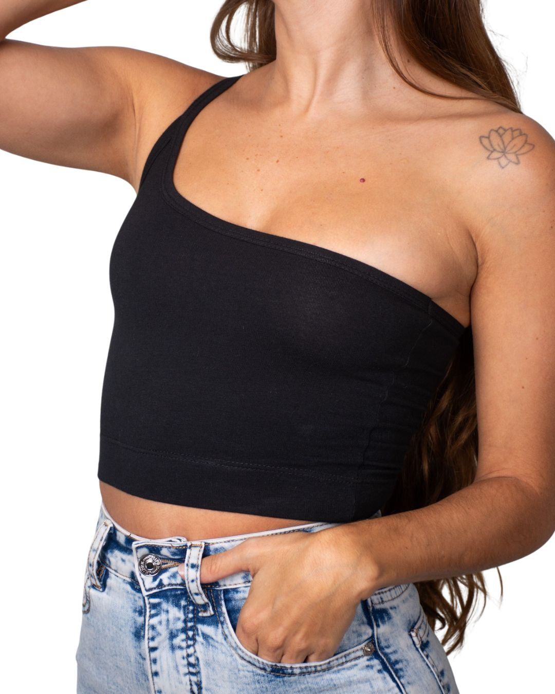 Lily Black One-Shoulder Crop Tank Top