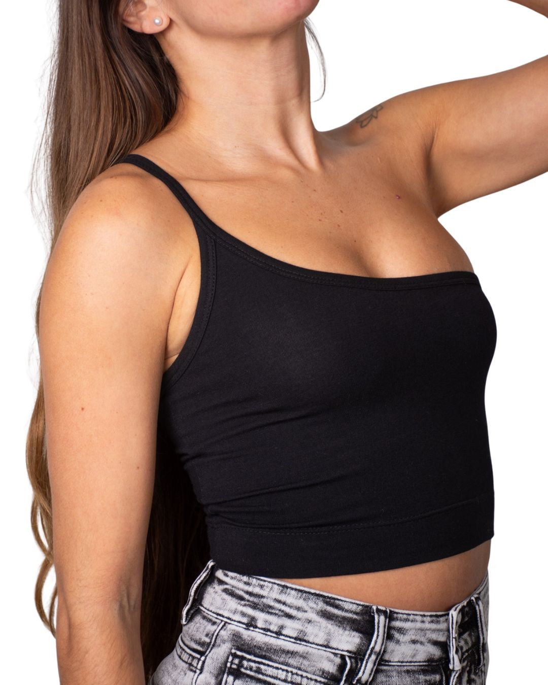 Lily Black One-Shoulder Crop Tank Top