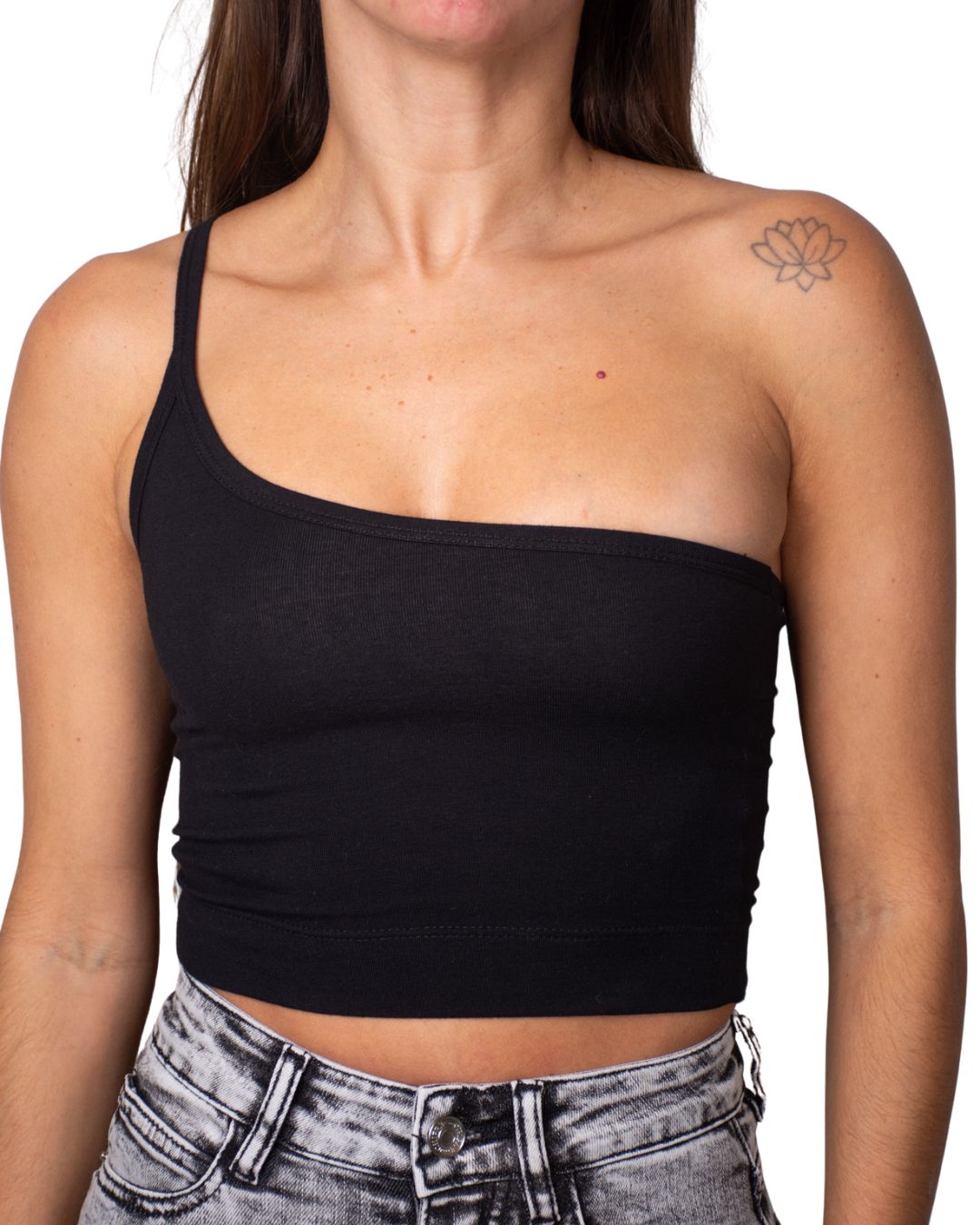 Lily Black One-Shoulder Crop Tank Top