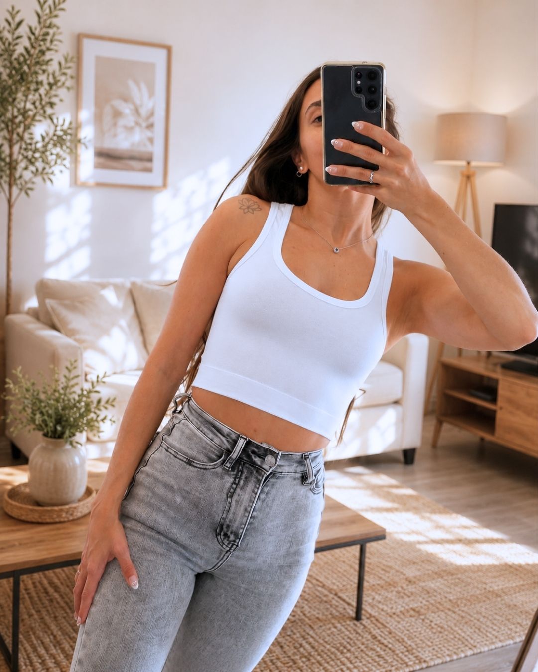 Selene White Square-Neck Crop Tank Top