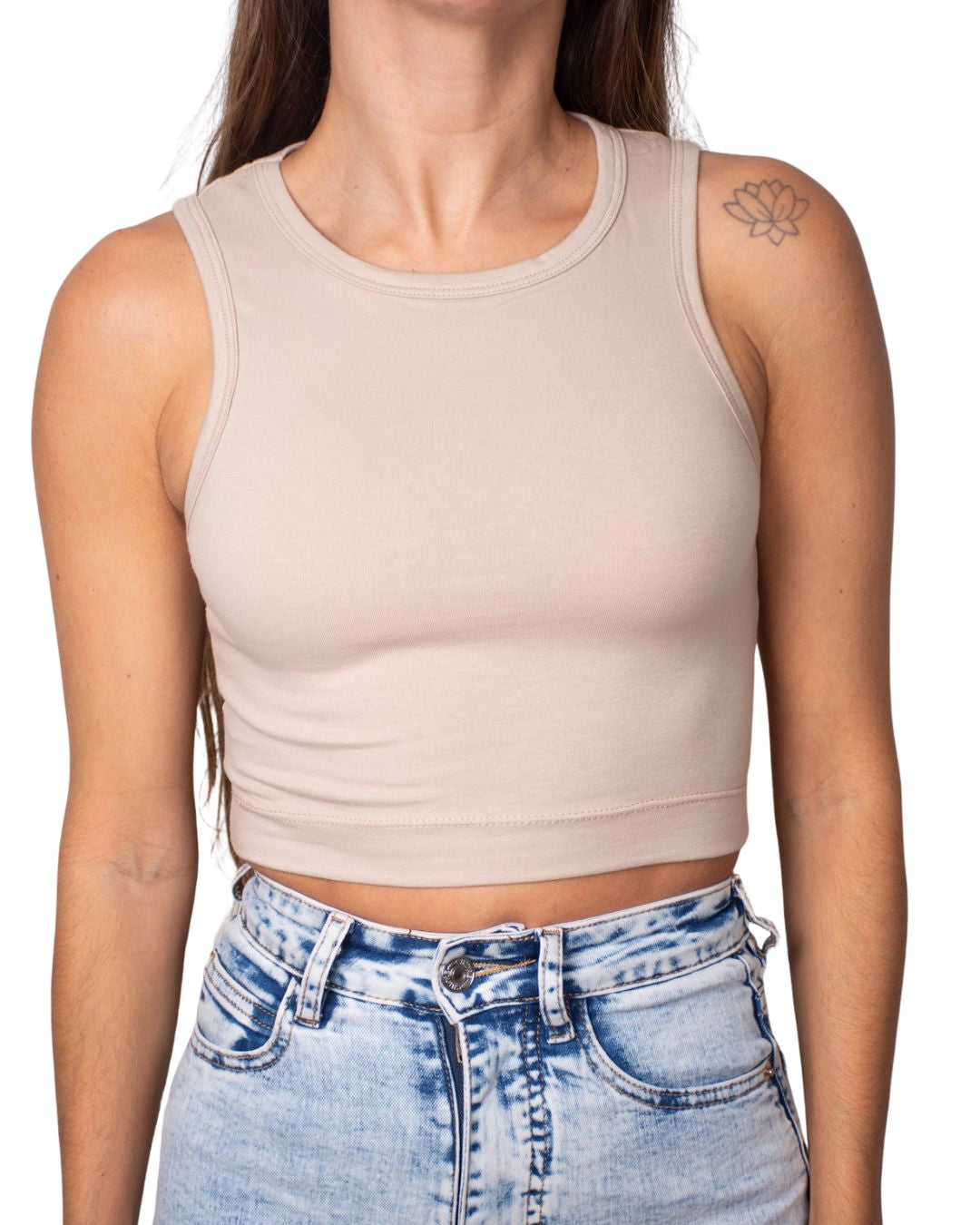 Gaia Beige High-Neck Crop Tank Top