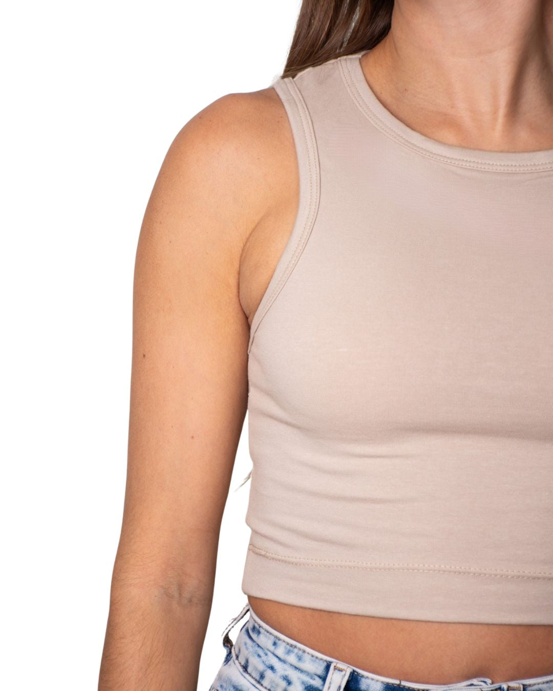 Gaia Beige High-Neck Crop Tank Top