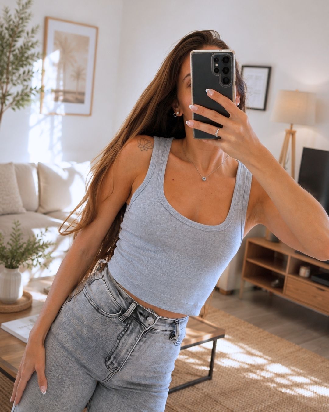 Selene Grey Square-Neck Crop Tank Top