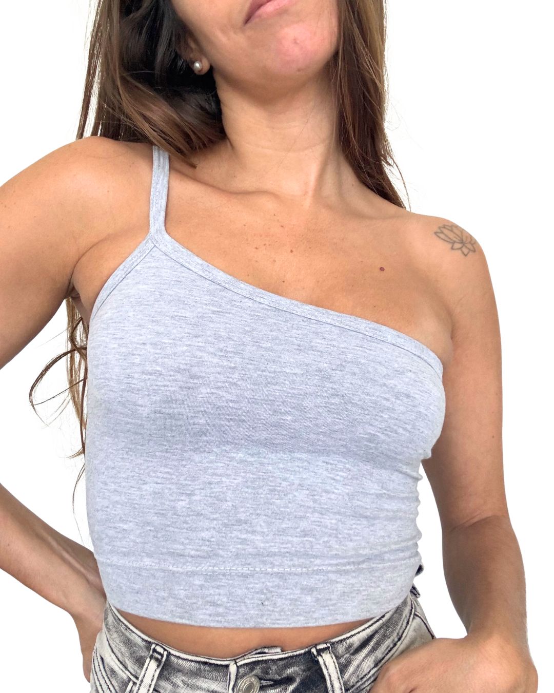 Lily Grey One-Shoulder Crop Tank Top