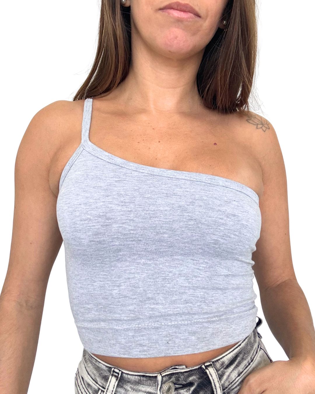 Lily Grey One-Shoulder Crop Tank Top