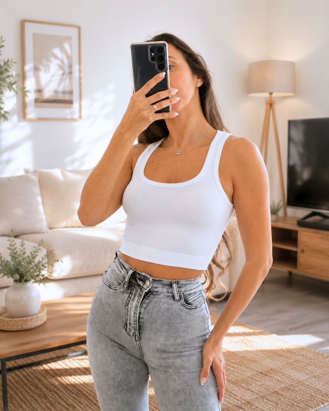 Selene White Square-Neck Crop Tank Top