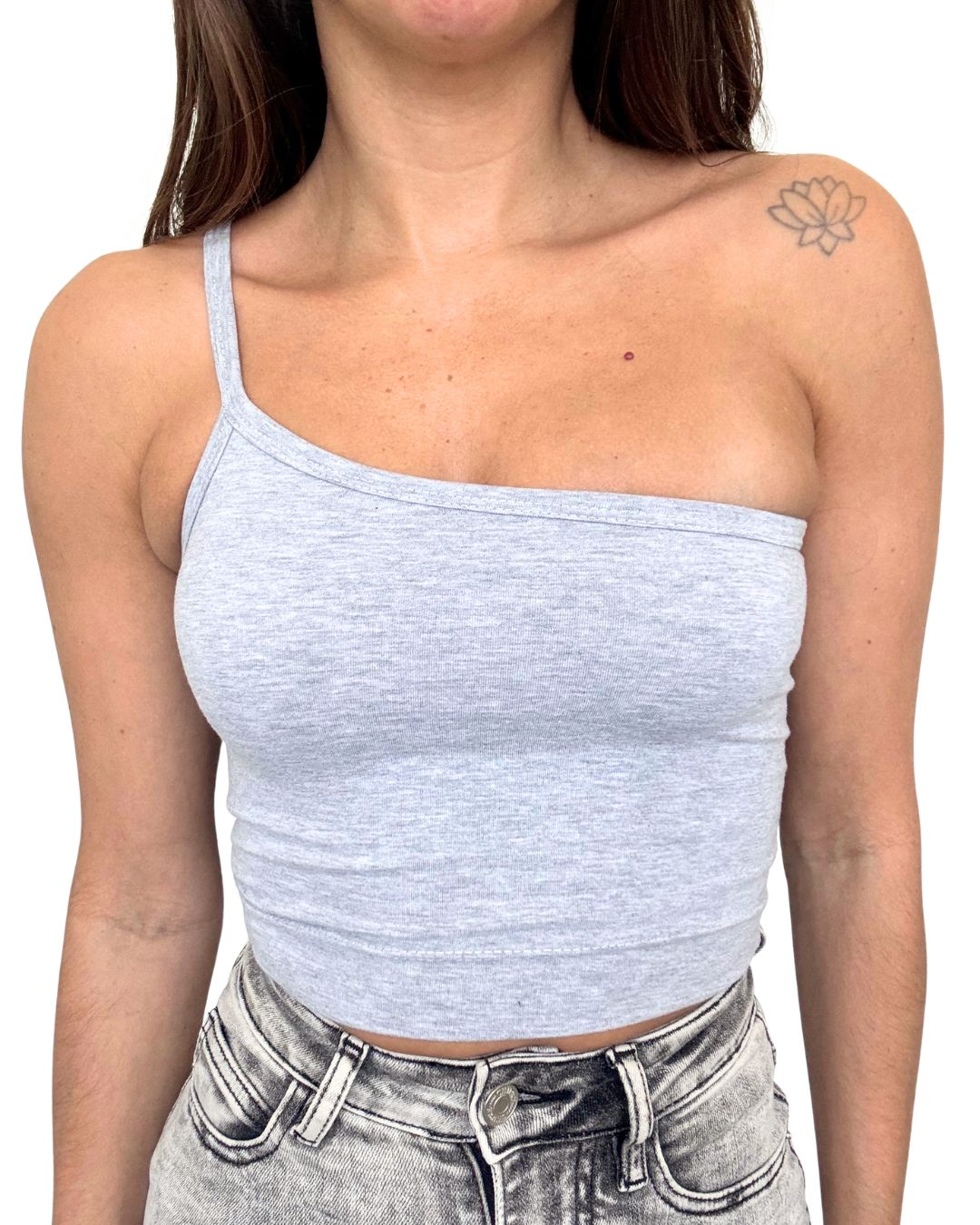Lily Grey One-Shoulder Crop Tank Top