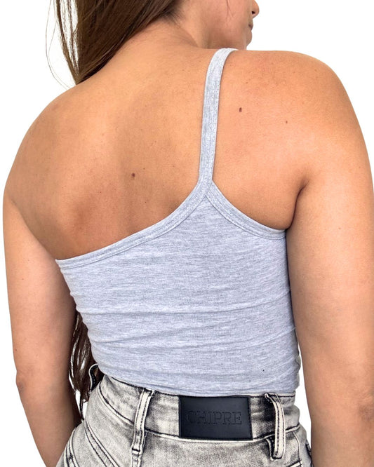 Lily Grey One-Shoulder Crop Tank Top