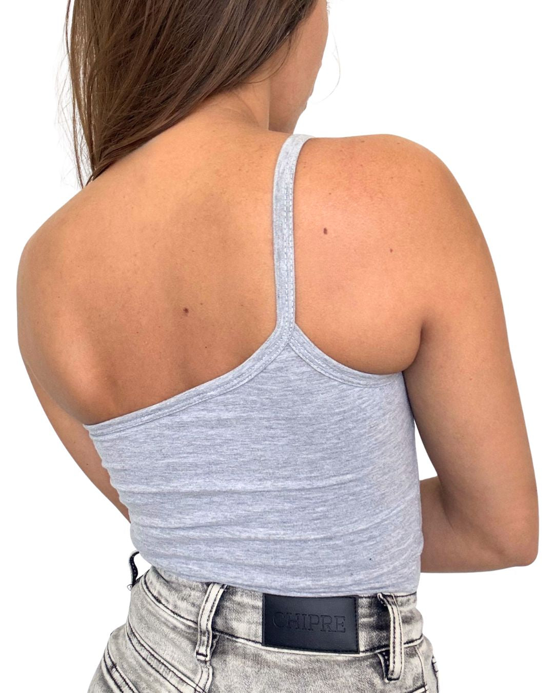 Lily Grey One-Shoulder Crop Tank Top