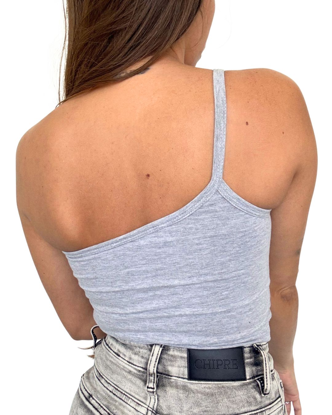 Lily Grey One-Shoulder Crop Tank Top