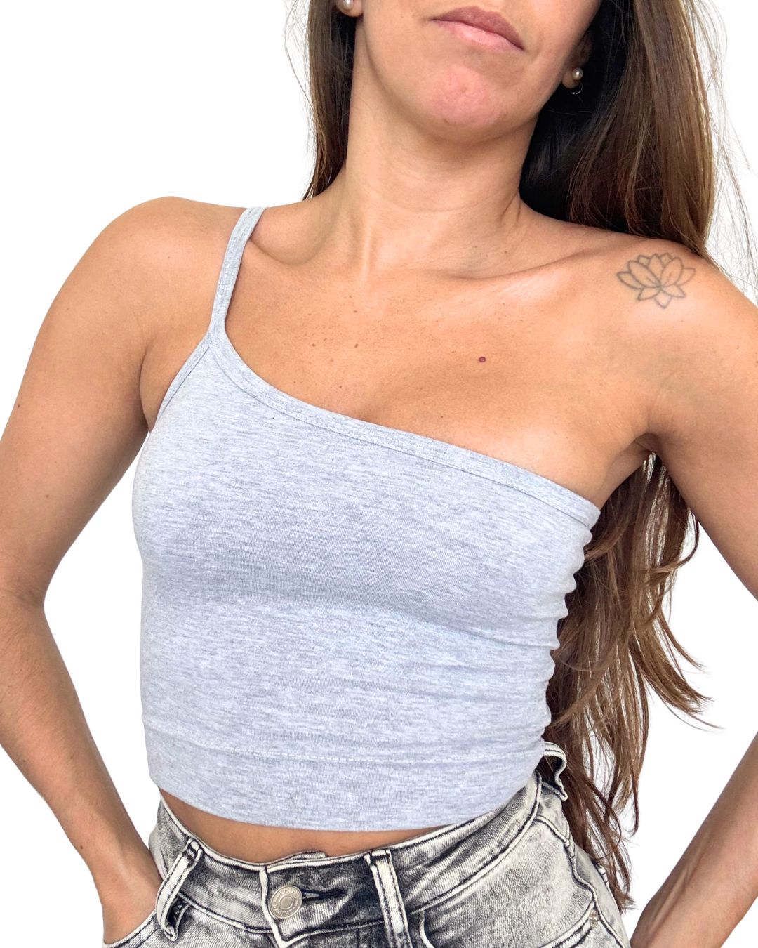 Lily Grey One-Shoulder Crop Tank Top