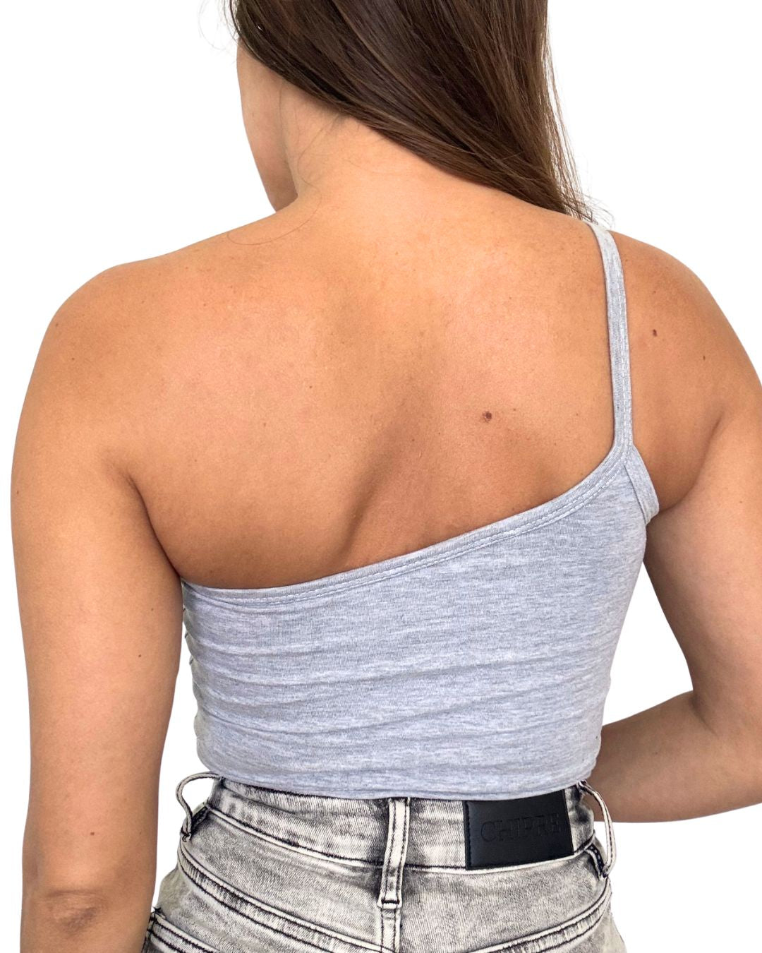 Lily Grey One-Shoulder Crop Tank Top