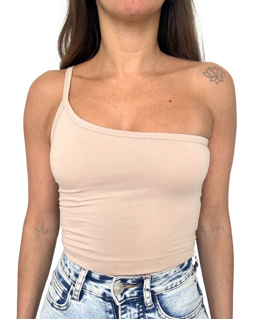 Lily Beige One-Shoulder Crop Tank Top