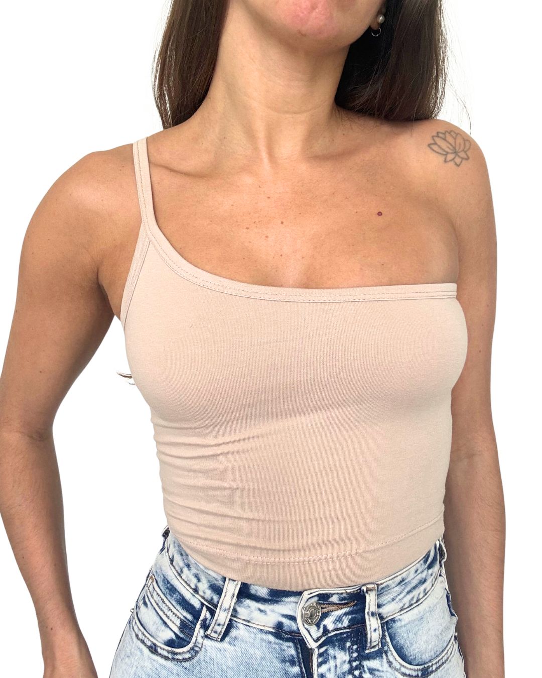 Lily Beige One-Shoulder Crop Tank Top
