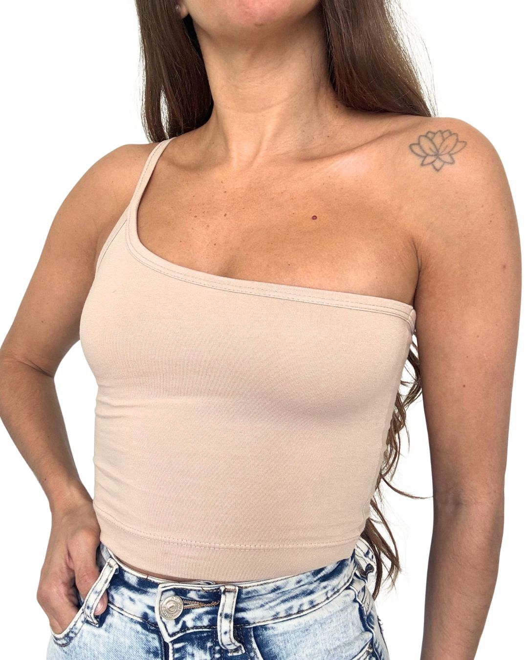 Lily Beige One-Shoulder Crop Tank Top
