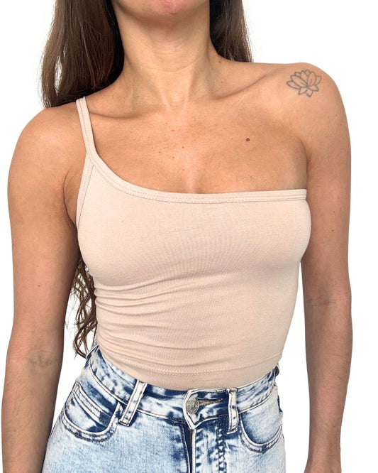 Lily Beige One-Shoulder Crop Tank Top