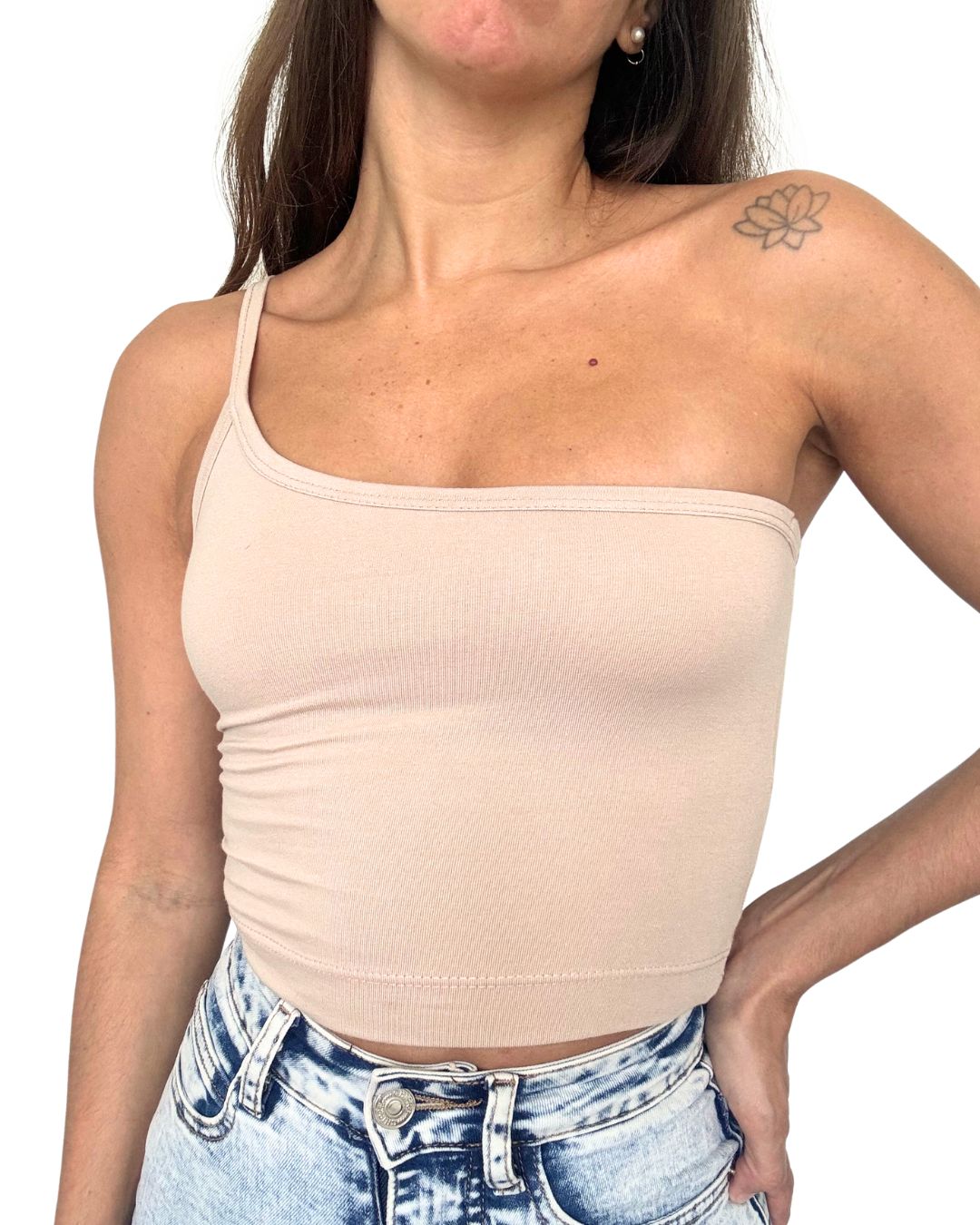Lily Beige One-Shoulder Crop Tank Top