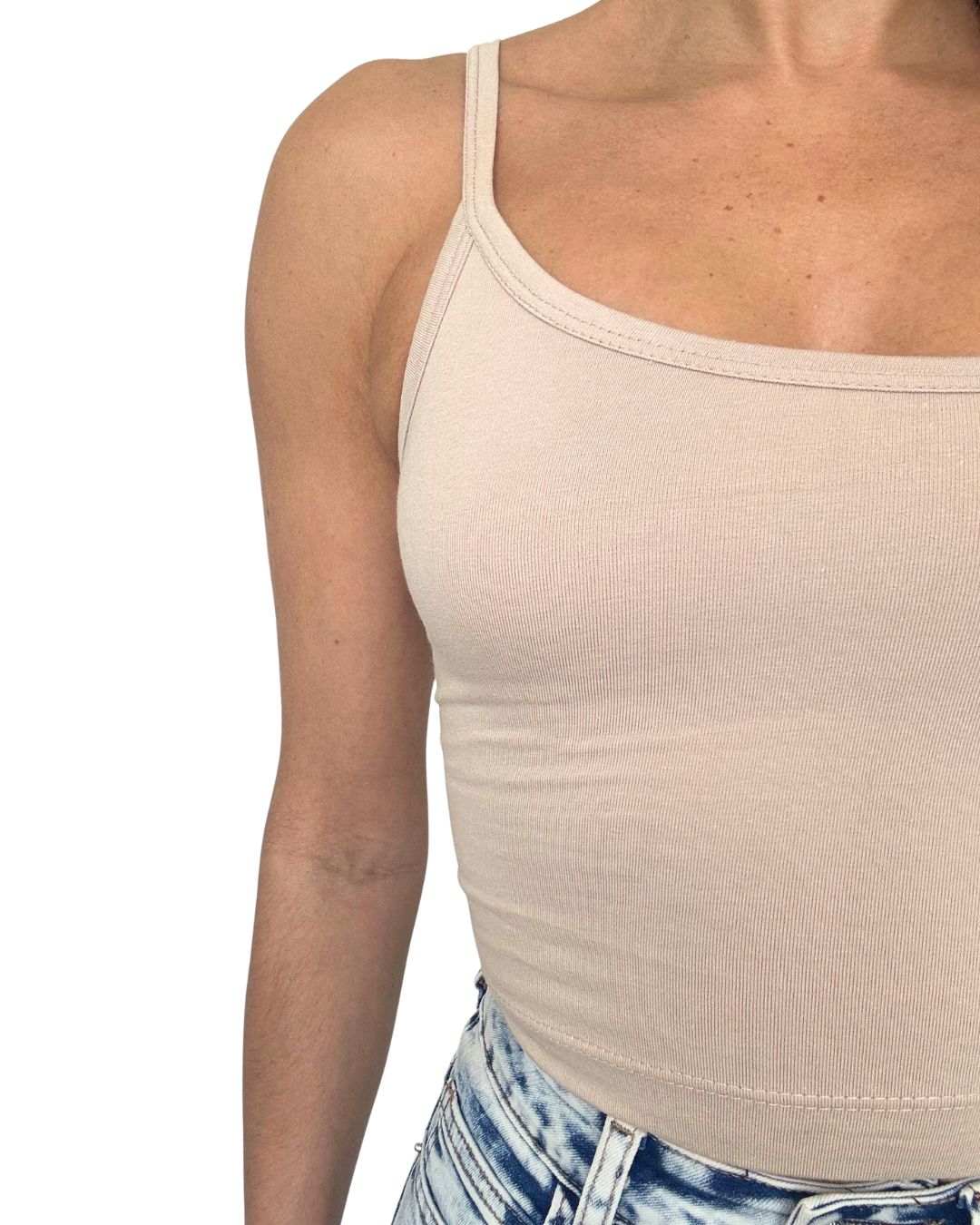 Lily Beige One-Shoulder Crop Tank Top
