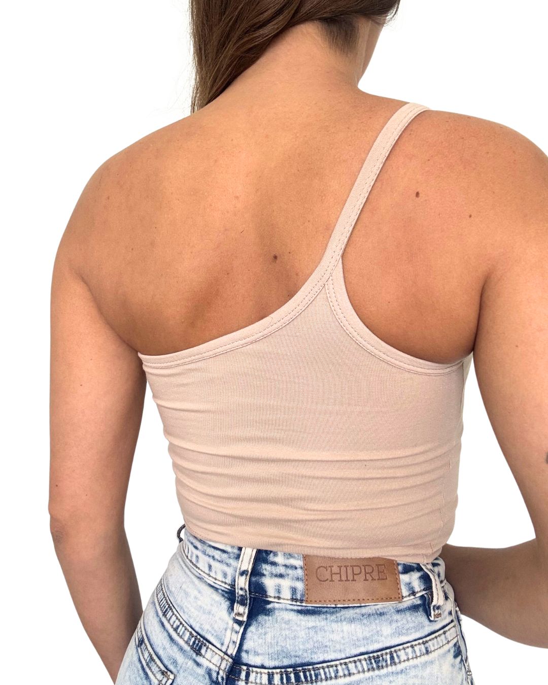 Lily Beige One-Shoulder Crop Tank Top