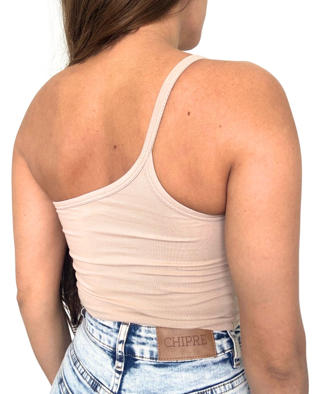 Lily Beige One-Shoulder Crop Tank Top