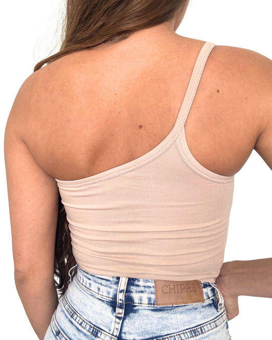 Lily Beige One-Shoulder Crop Tank Top