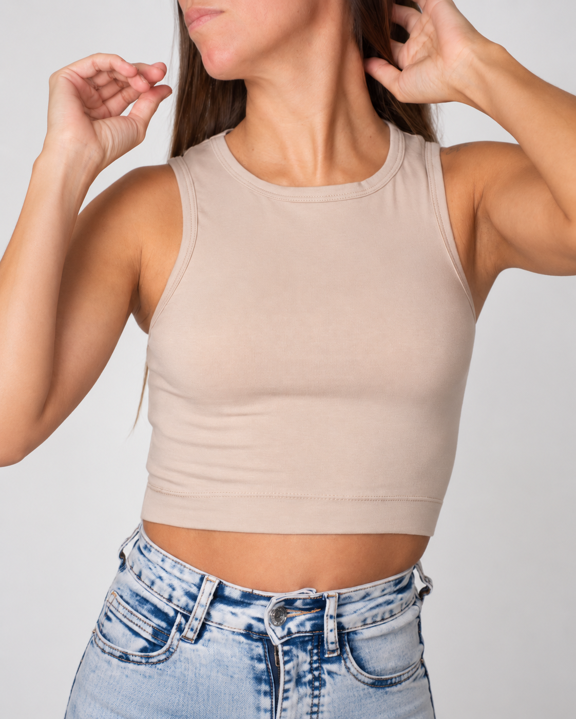 Gaia Beige High-Neck Crop Tank Top