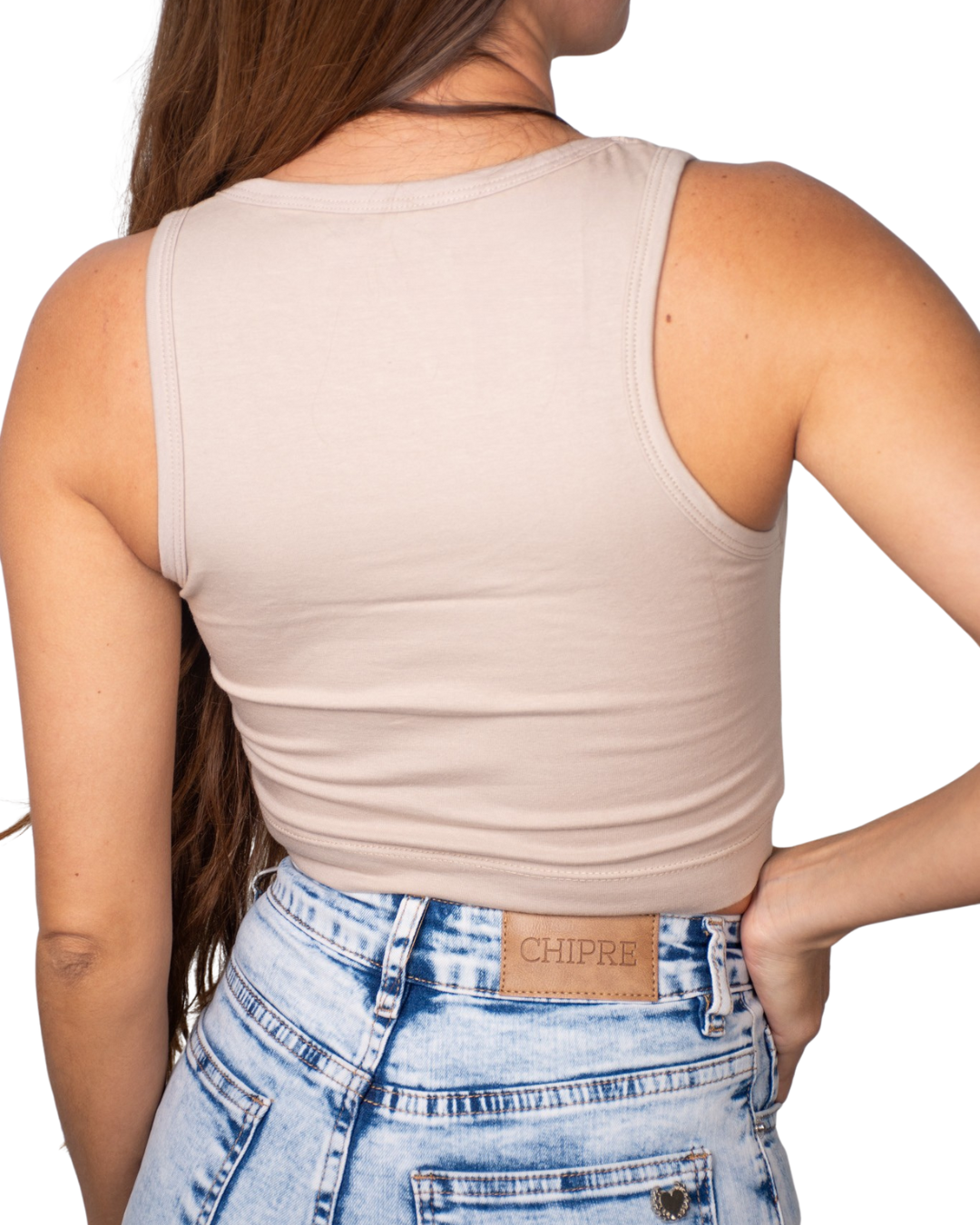 Selene Beige Square-Neck Crop Tank Top