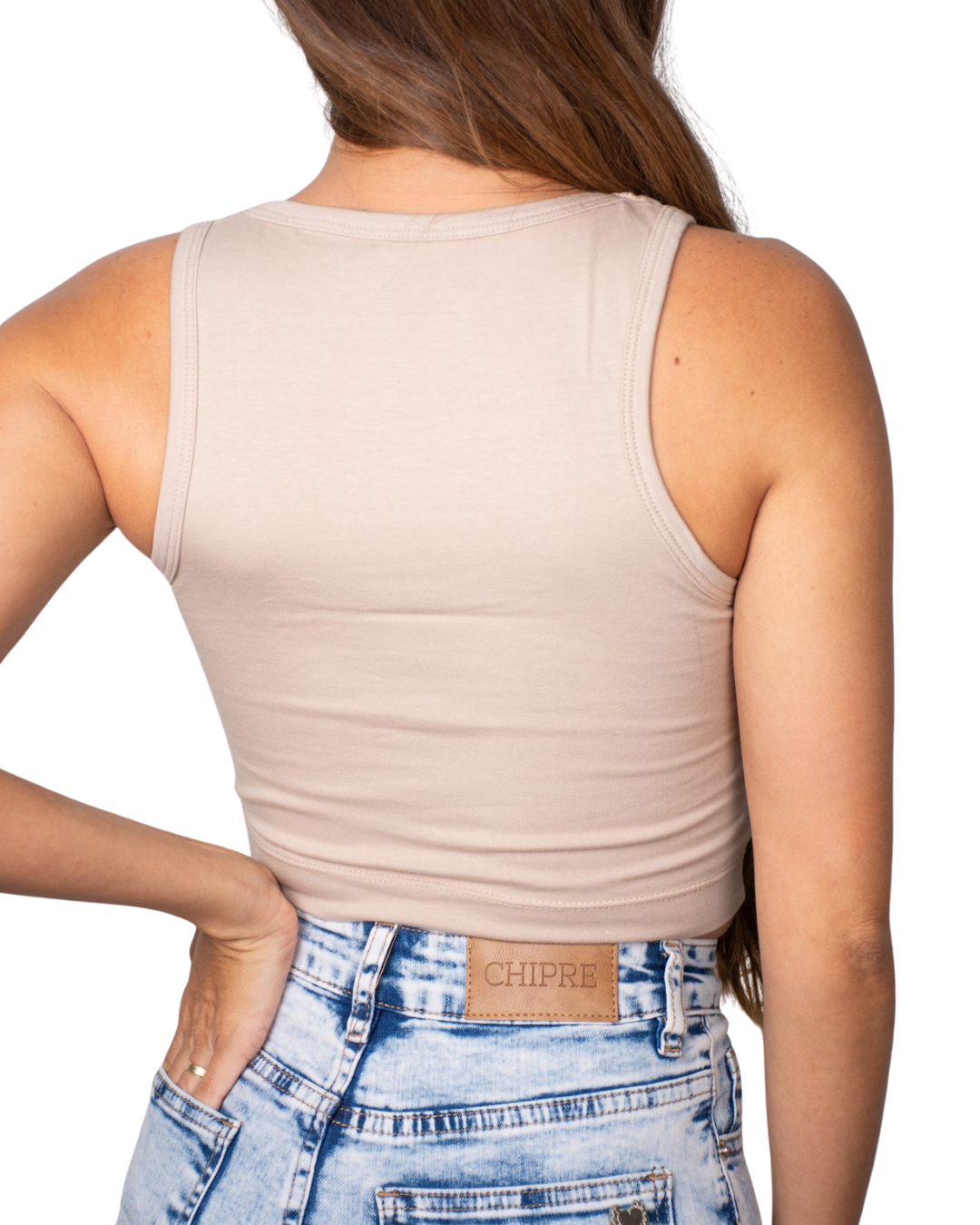 Selene Beige Square-Neck Crop Tank Top