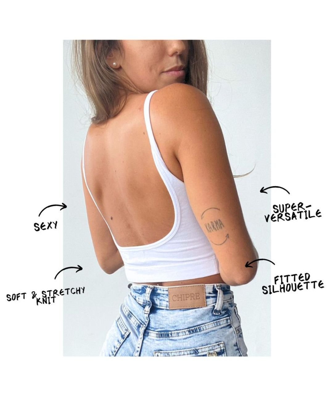 Hebe White Backless Crop Tank Top - Chipre Basic Denim