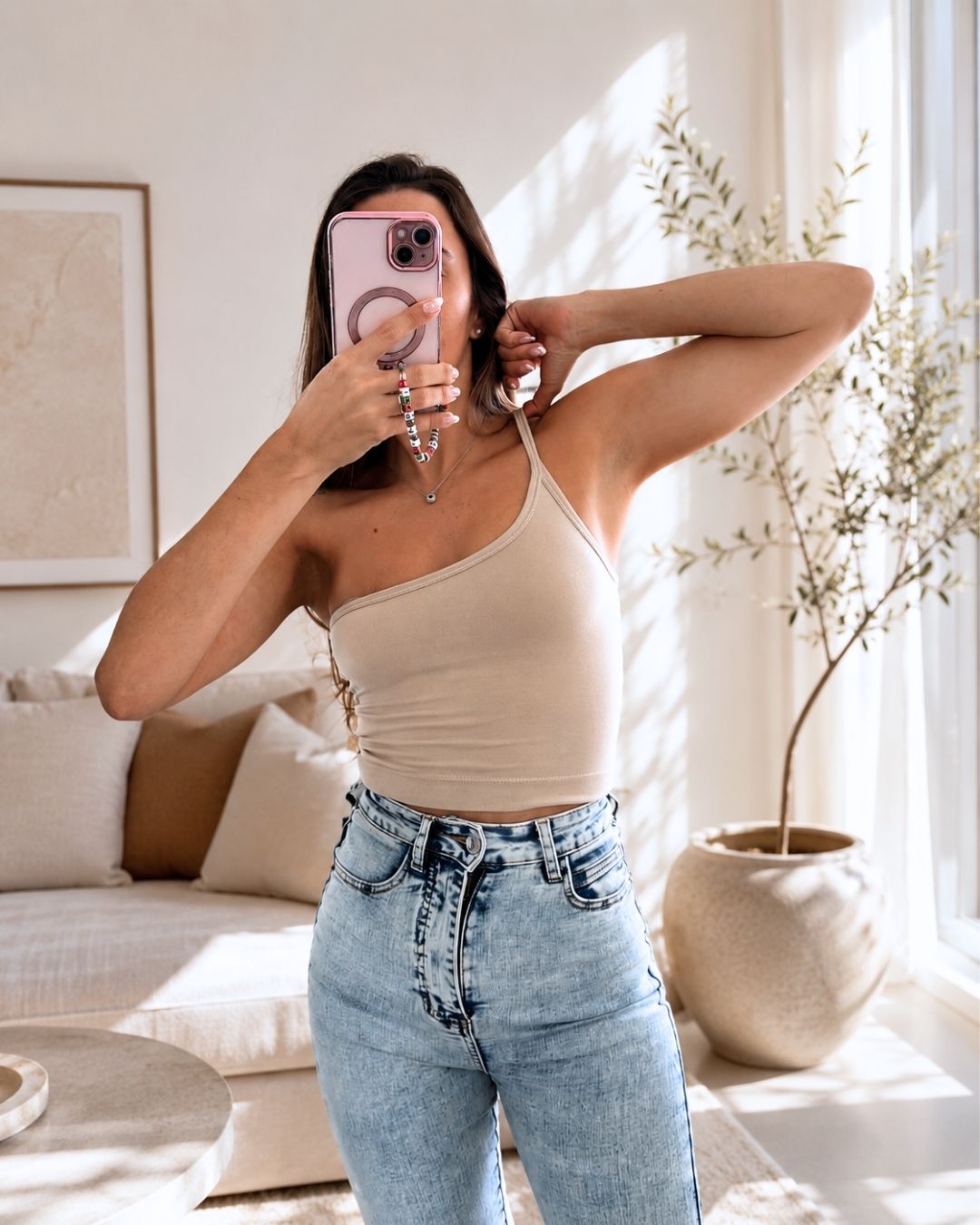 Lily Beige One-Shoulder Crop Tank Top