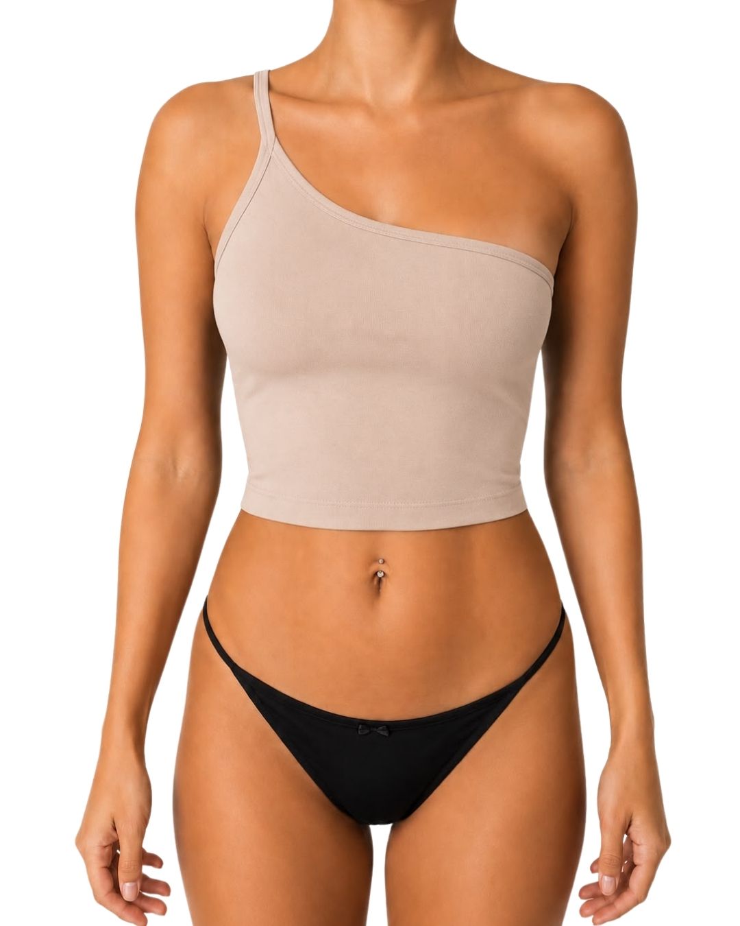 Lily Beige One-Shoulder Crop Tank Top
