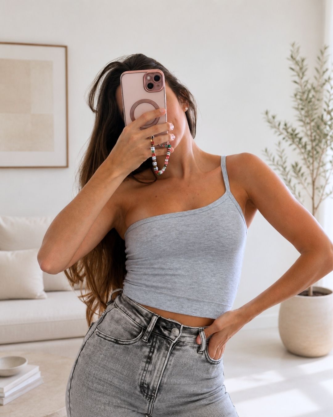 Lily Grey One-Shoulder Crop Tank Top