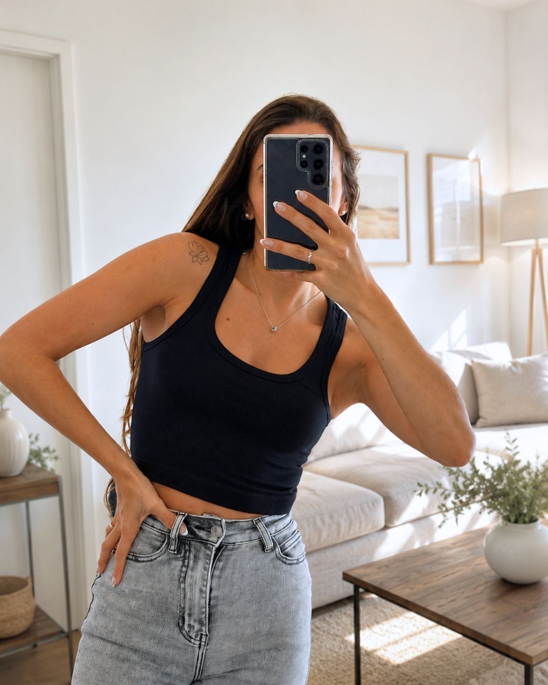 Selene Black Square-Neck Crop Tank Top