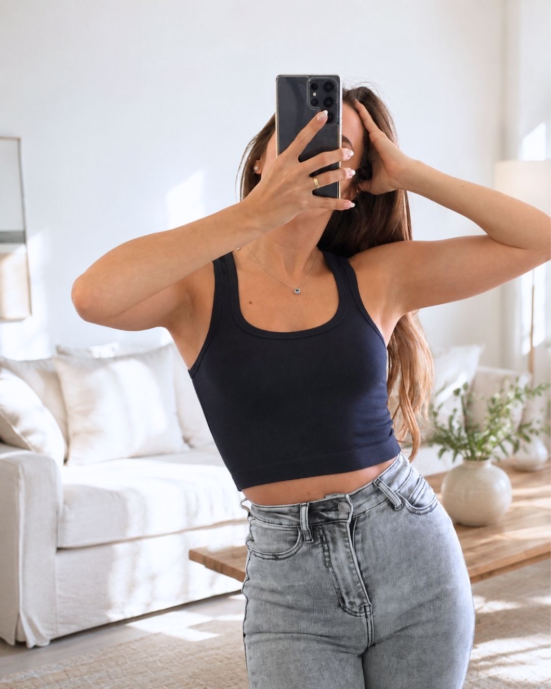 Selene Black Square-Neck Crop Tank Top