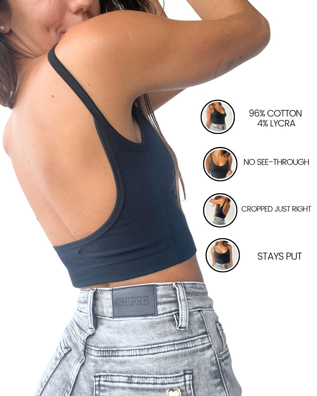 Hebe Black Backless Crop Tank Top