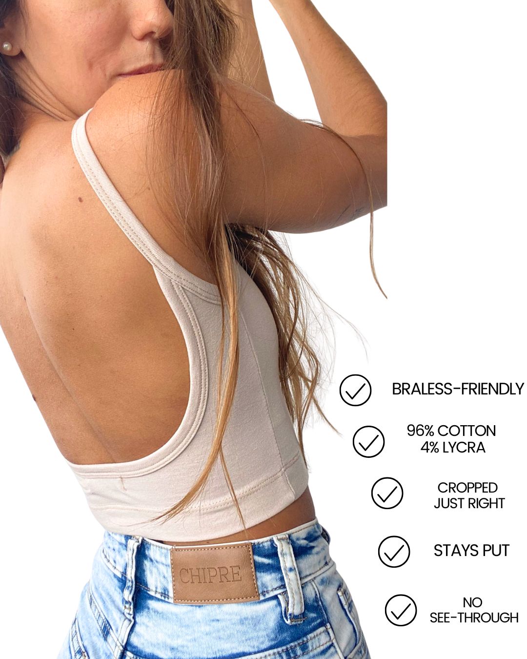 Hebe Beige Backless Crop Tank Top